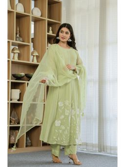 FAST FASHIONS - Women Olive Chanderi Silk Embroidered Kurta with Pant and Dupatta