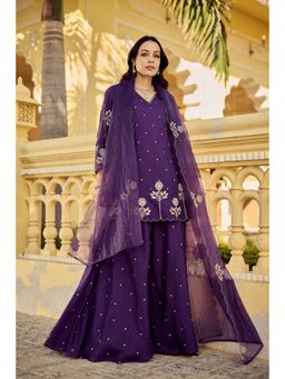 FAST FASHIONS - Women Purple Chanderi Silk Embroidered Kurta with Sharara and Dupatta