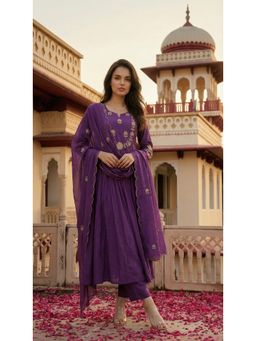 FAST FASHIONS - Women Purple Chanderi Silk Embroidered Kurta with Pant and Dupatta