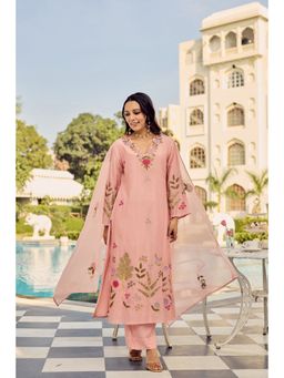 FAST FASHIONS - Women Peach Chanderi Silk Embroidered Kurta with Pant and Dupatta