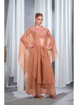 Rizabella - Women Peach Glitter Embroidered Crop Top with Palazzo and Cape