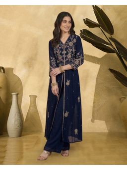 KVS FAB - Women Navy Blue Georgette Embroidered Kurta with Palazzo