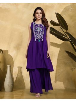 KVS FAB - Women Purple Georgette Embroidered Kurta with Palazzo