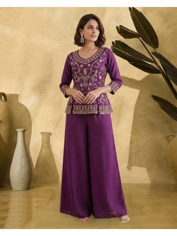 KVS FAB - Women Wine Silk Blend Embroidered Kurta with Palazzo