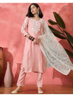 KVS FAB - Women Peach Silk Blend Embroidered Kurta with Pant and Dupatta