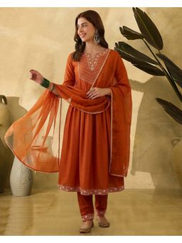 KVS FAB - Women Orange Silk Blend Embroidered Kurta with Pant and Dupatta