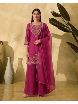 KVS FAB - Women Pink Silk Blend Embroidered Kurta with Palazzo and Dupatta