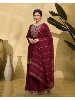 KVS FAB - Women Maroon Silk Blend Embroidered Kurta with Palazzo and Dupatta