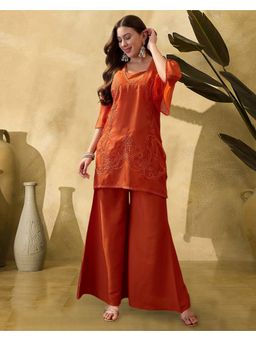 KVS FAB - Women Orange Silk Blend Embroidered Kurta with Palazzo