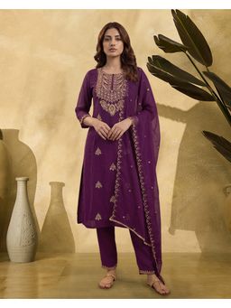 KVS FAB - Women Wine Georgette Embroidered Kurta with Pant and Dupatta
