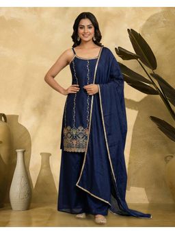KVS FAB - Women Blue Chinon Embroidered Kurta with Palazzo and Dupatta