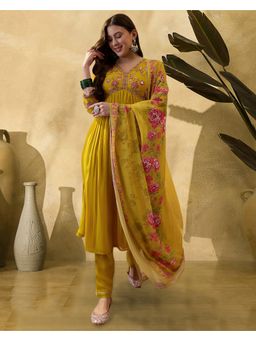 KVS FAB - Women Yellow Georgette Embroidered Kurta with Pant and Dupatta