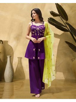 KVS FAB - Women Purple Silk Blend Embroidered Kurta with Palazzo and Dupatta