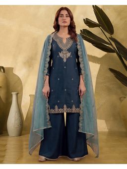 KVS FAB - Women Navy Blue Silk Blend Embroidered Kurta with Palazzo and Dupatta