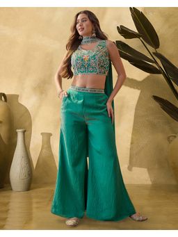 KVS FAB - Women Turquoise Silk Blend Embroidered Top with Palazzo and Dupatta