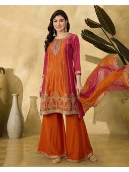 KVS FAB - Women Yellow Silk Blend Embroidered Kurta with Palazzo and Dupatta