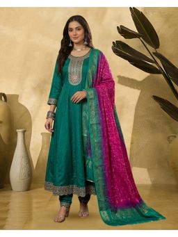 KVS FAB - Women Navy Blue Silk Blend Embroidered Kurta with Pant and Dupatta