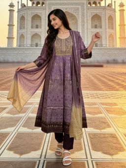 Rangita - Women Lavender Viscose Rayon Embroidered Anarkali Kurta with Pant and Dupatta