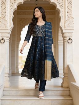 Rangita - Women Blue Viscose Rayon Embroidered Anarkali Kurta with Pant and Dupatta