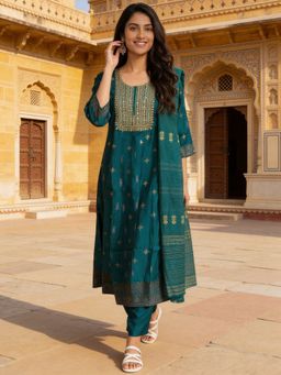 Rangita - Women Green Viscose Rayon Embroidered Anarkali Kurta with Pant and Dupatta