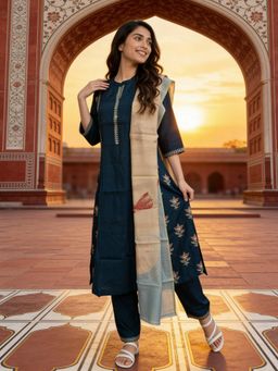 Rangita - Women Blue Viscose Rayon Embroidered Kurta with Pant and Dupatta