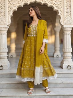 Rangita - Women Mustard Viscose Rayon Embroidered Anarkali Kurta with Pant and Dupatta