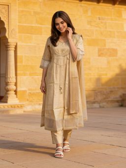 Rangita - Women Beige Viscose Rayon Embroidered Anarkali Kurta with Pant and Dupatta