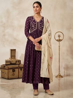 Rangita - Women Wine Rayon Embroidered Anarkali Kurta with Pant and Dupatta