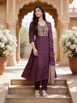 Rangita - Women Wine Cotton Blend Embroidered Anarkali Kurta with Pant and Dupatta