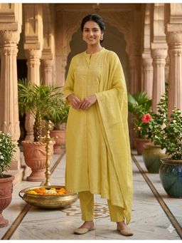 Rangita - Women Yellow Viscose Rayon Embroidered Kurta with Pant and Dupatta