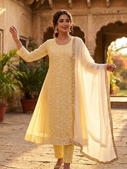 Rangita - Women Yellow Chanderi Embroidered Anarkali Kurta with Pant and Dupatta