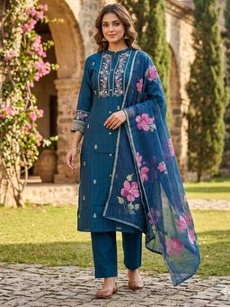 Rangita - Women Blue Viscose Rayon Embroidered Kurta with Pant and Dupatta