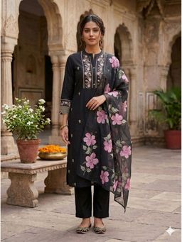 Rangita - Women Black Viscose Rayon Embroidered Kurta with Pant and Dupatta