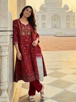 Rangita - Women Red Viscose Rayon Embroidered Anarkali Kurta with Pant and Dupatta
