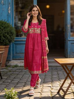 Rangita - Women Red Viscose Rayon Embroidered Anarkali Kurta with Pant and Dupatta