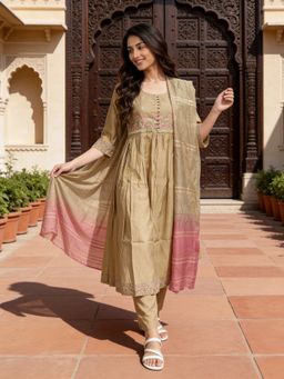 Rangita - Women Beige Viscose Rayon Embroidered Anarkali Kurta with Pant and Dupatta