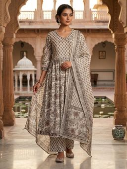 Rangita - Women Brown Cotton Embroidered Anarkali Kurta with Pant and Dupatta