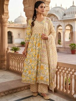 Rangita - Women Yellow Cotton Embroidered Anarkali Kurta with Pant and Dupatta
