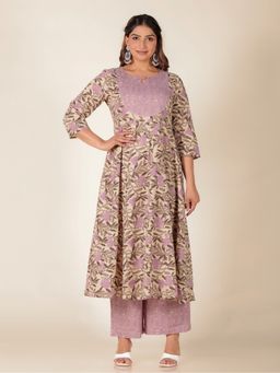 ARAMYA - Women Purple Cotton Floral Kurta with Palazzo