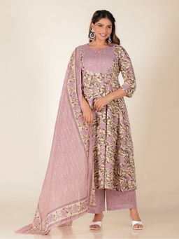 ARAMYA - Women Purple Cotton Floral Kurta with Palazzo and Dupatta