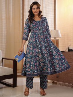 ARAMYA - Women Blue Cotton Floral Kurta with Pant
