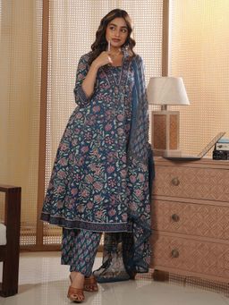 ARAMYA - Women Blue Cotton Floral Kurta with Pant and Dupatta