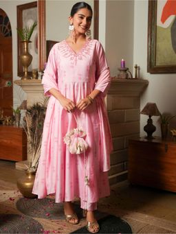 ARAMYA - Women Pink Chanderi Abstract Kurta with Pant and Dupatta
