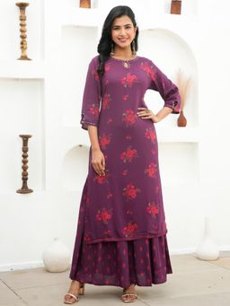 ARAMYA - Women Mauve Viscose Floral Kurta with Sharara