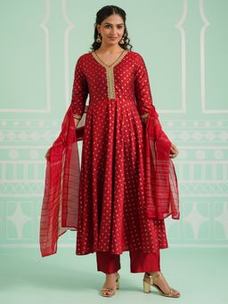 ARAMYA - Women Red Pst Abstract Kurta with Pant and Dupatta