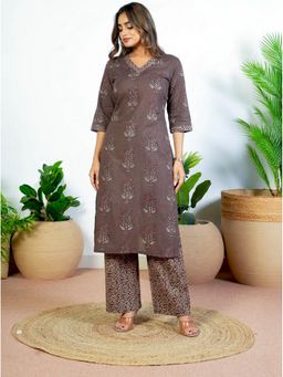 ARAMYA - Women Brown Cotton Floral Kurta with Palazzo