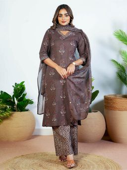 ARAMYA - Women Brown Cotton Floral Kurta with Palazzo and Dupatta