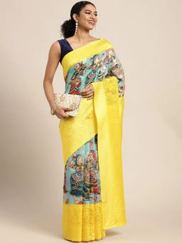 Silk Land - Kalamkari Digital Printed Saree with Unstiched Blouse Piece Turquoise with Unstitched