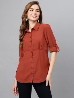 Latin Quarters - Women Rust Solid 3/4Th Sleeve Collared Casual Shirt