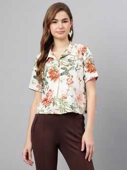 Latin Quarters - Women White Printed Short Sleeve Collared Casual Shirt